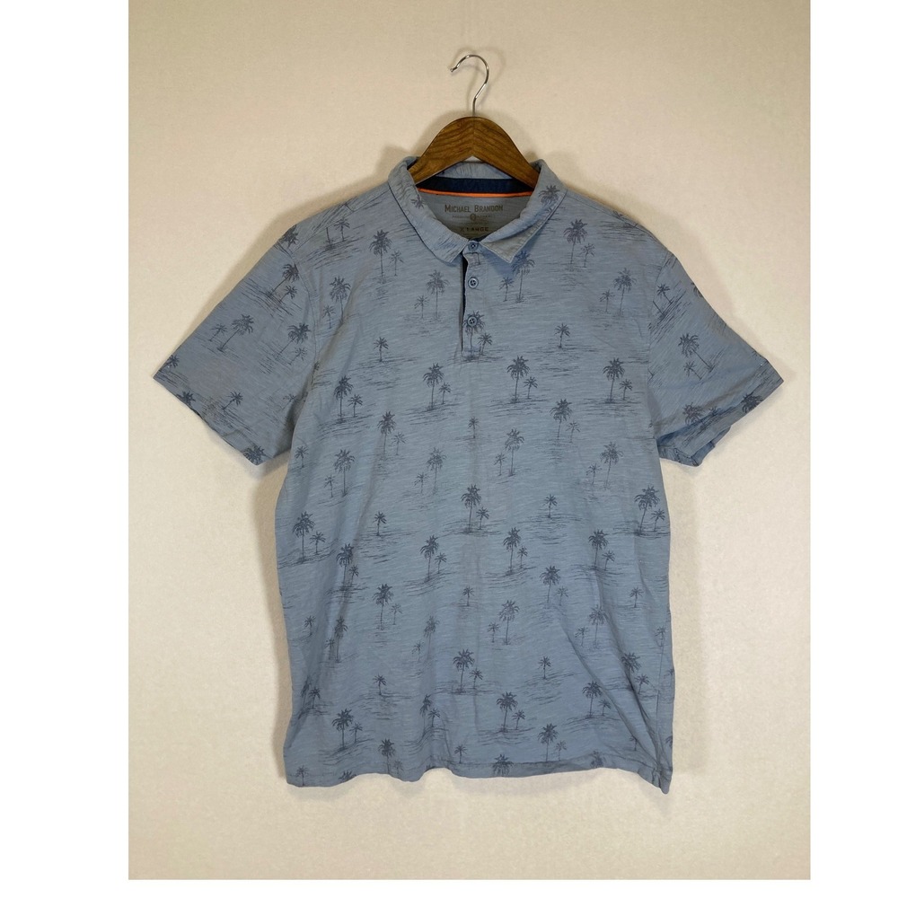 Tropical Michael Brandon Mens XL Blue Palm Tree Print Slub Cotton Polo Shirt